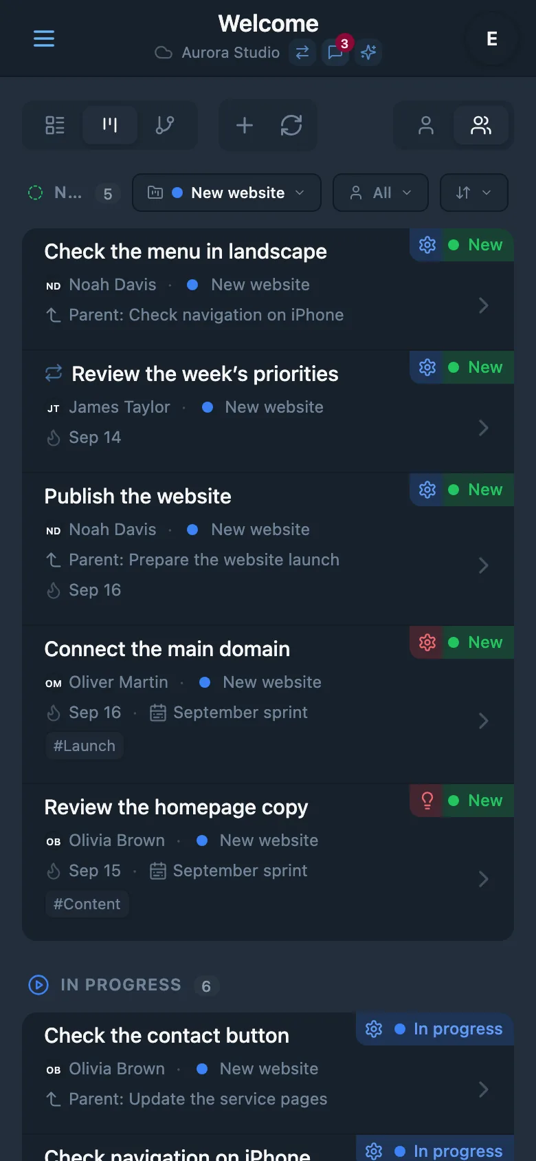 Tasks in the selected project with its color label