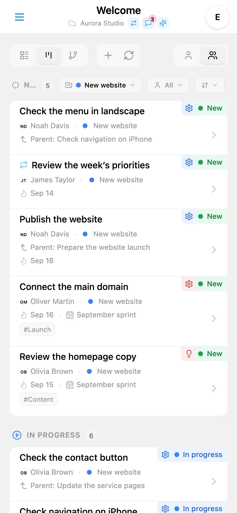 Tasks in the selected project with its color label
