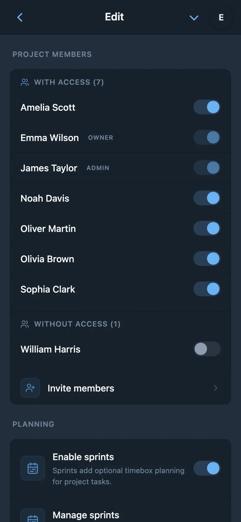 Project access settings