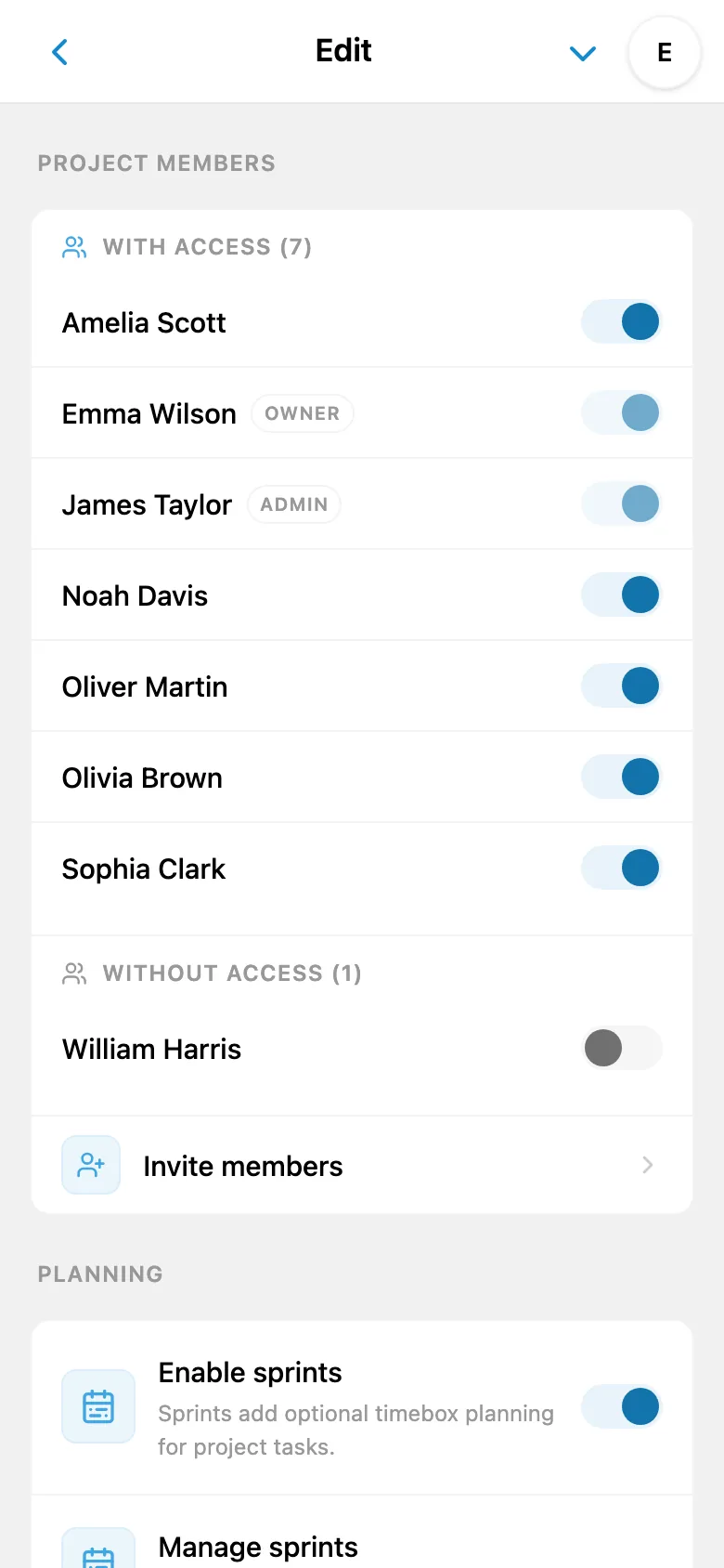 Project access settings