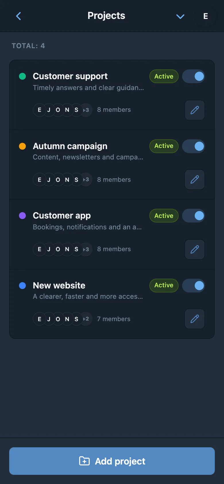 A list of projects in the iTasks mobile interface
