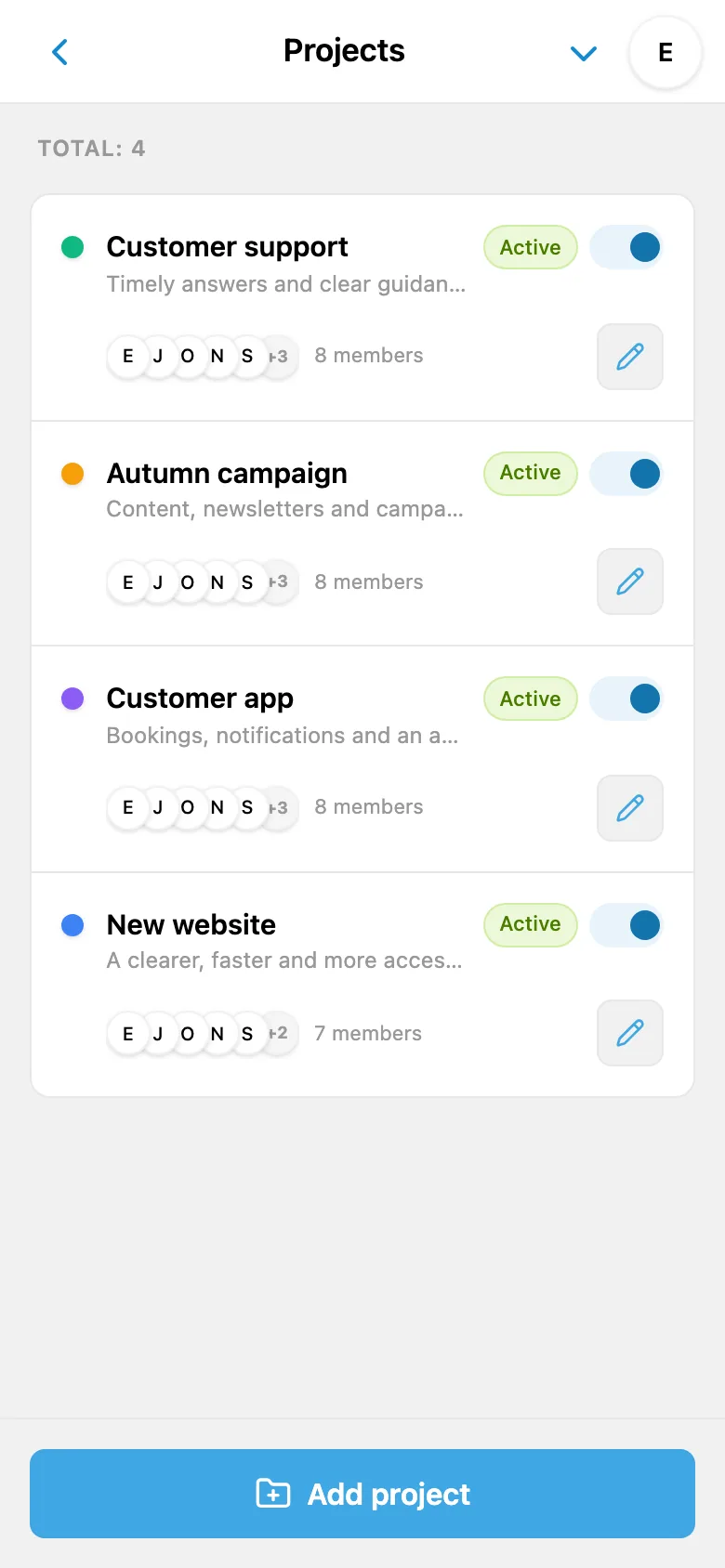 A list of projects in the iTasks mobile interface