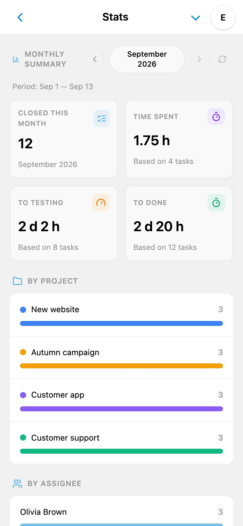 Work statistics by project and team member