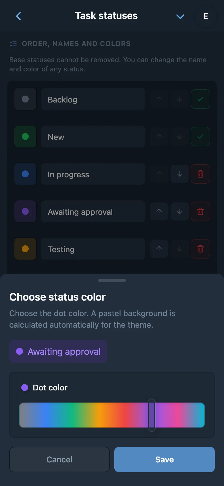 Editing a task status name and choosing its color