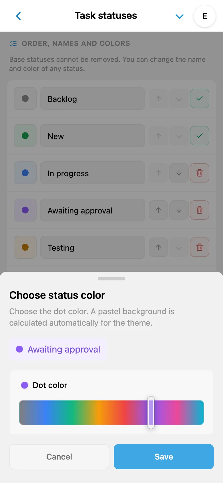Editing a task status name and choosing its color