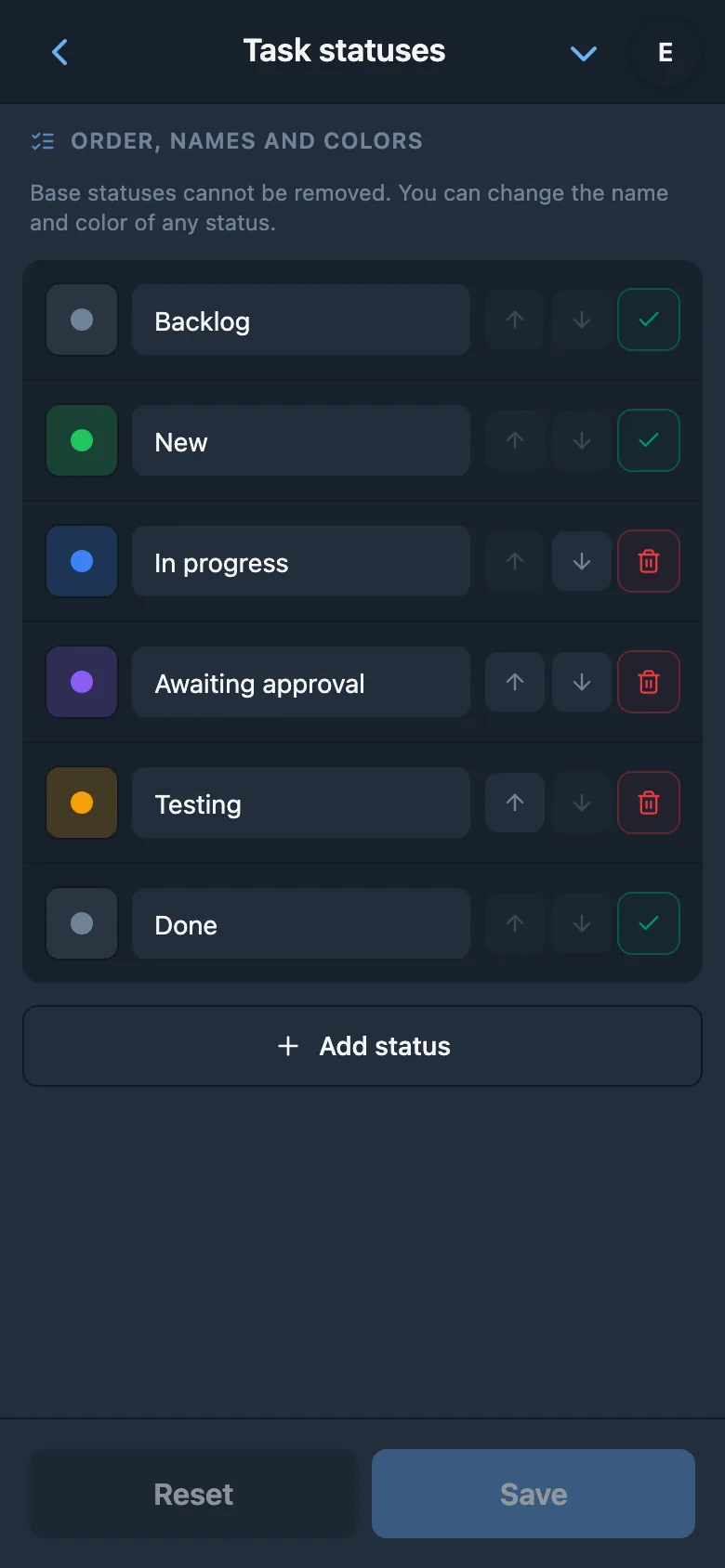 Task status settings with names and colors