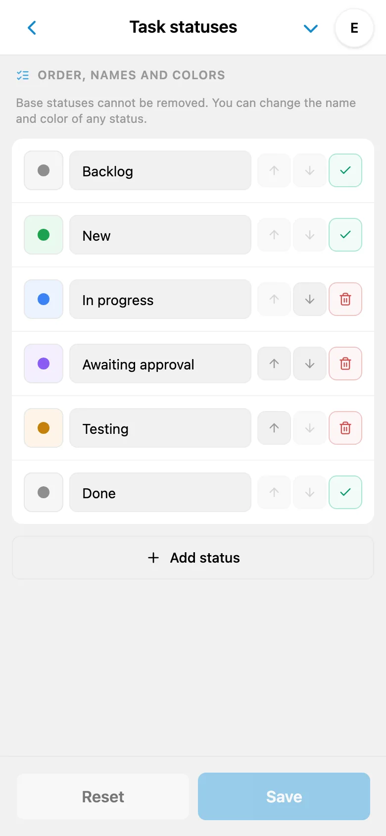 Task status settings with names and colors