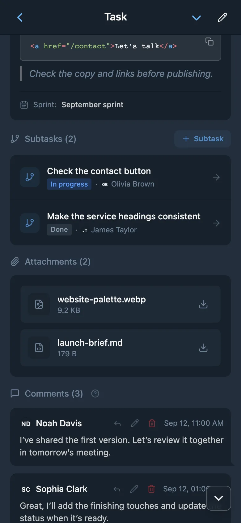 Attachments on a task card