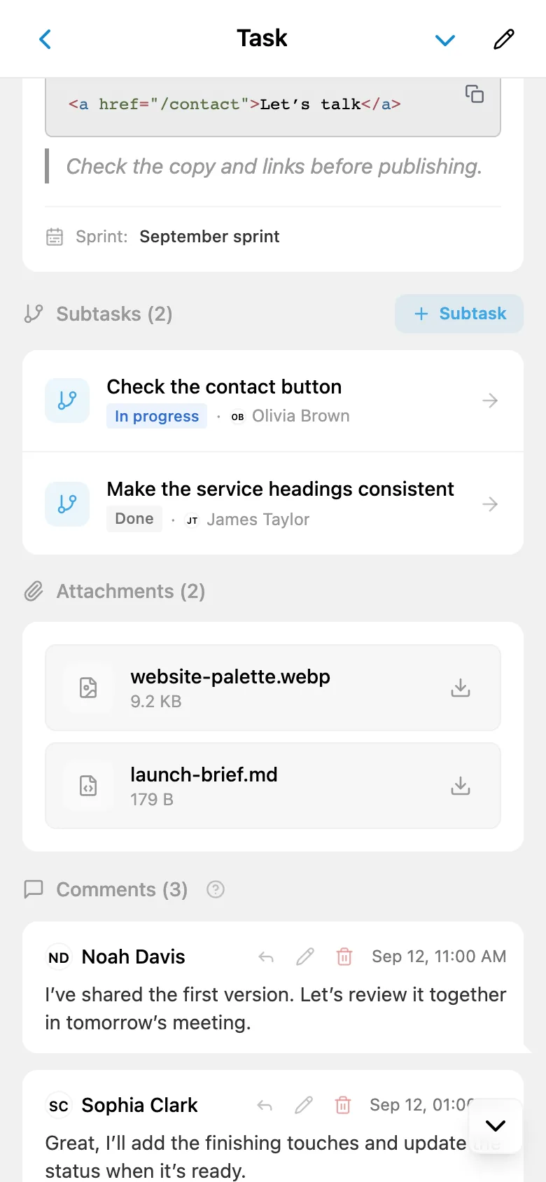 Attachments on a task card