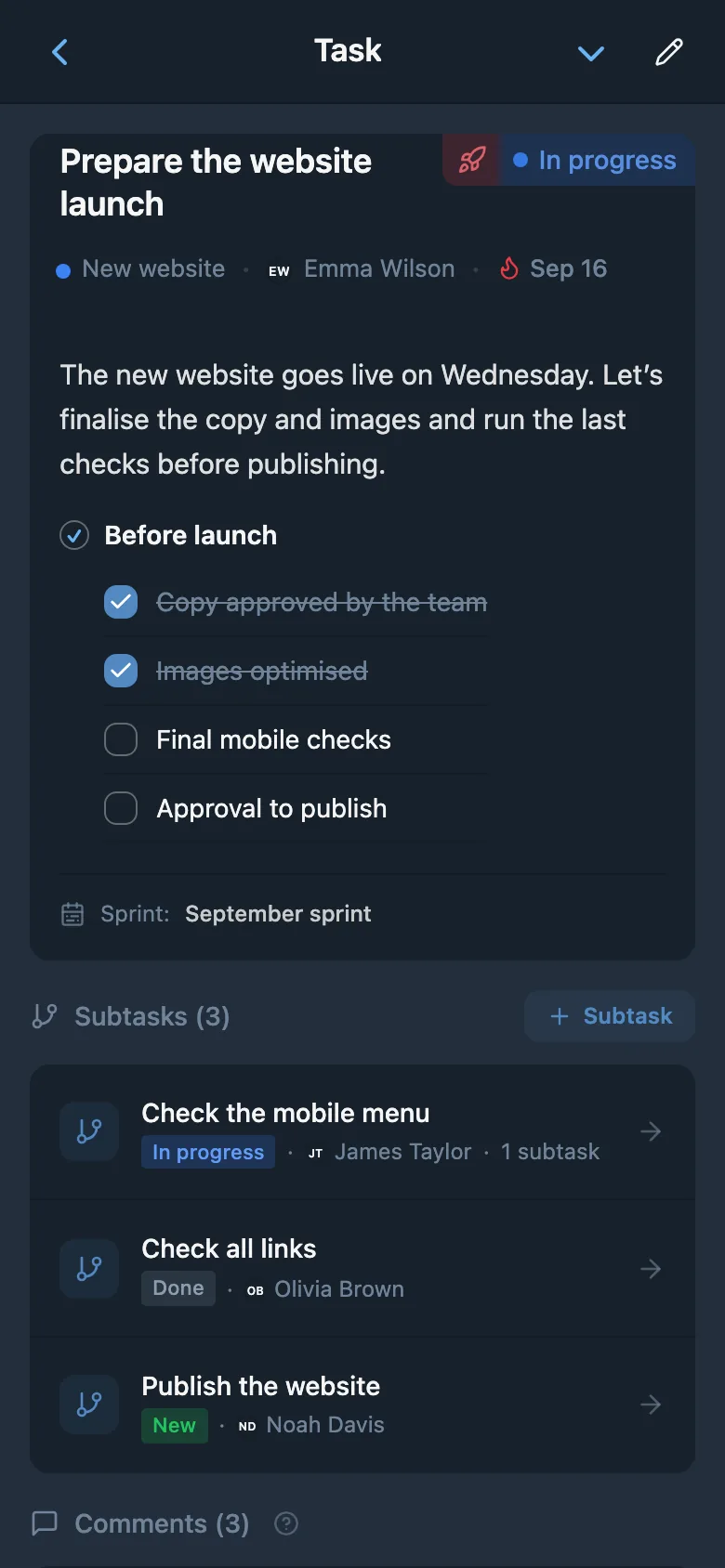 A task card for a new website with an assignee, checklist, and subtasks