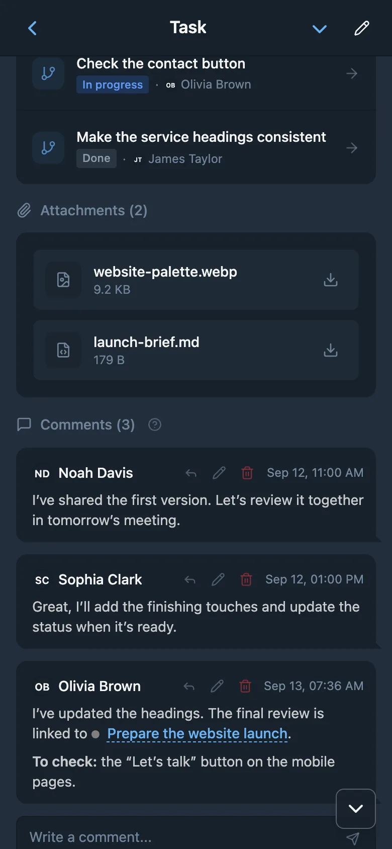 A team conversation in task comments