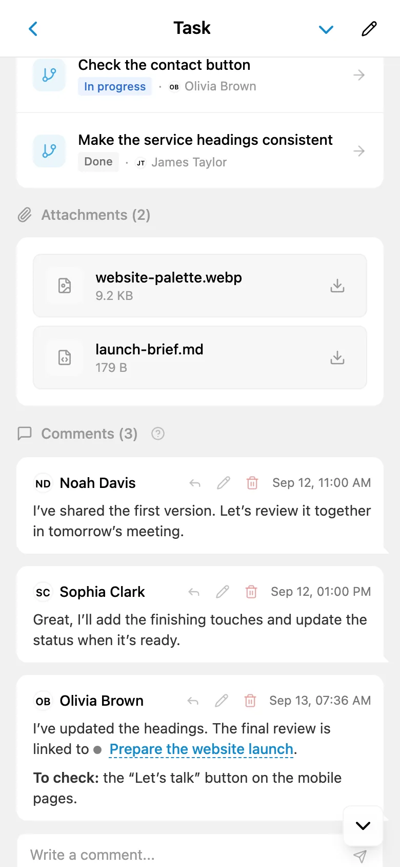 A team conversation in task comments