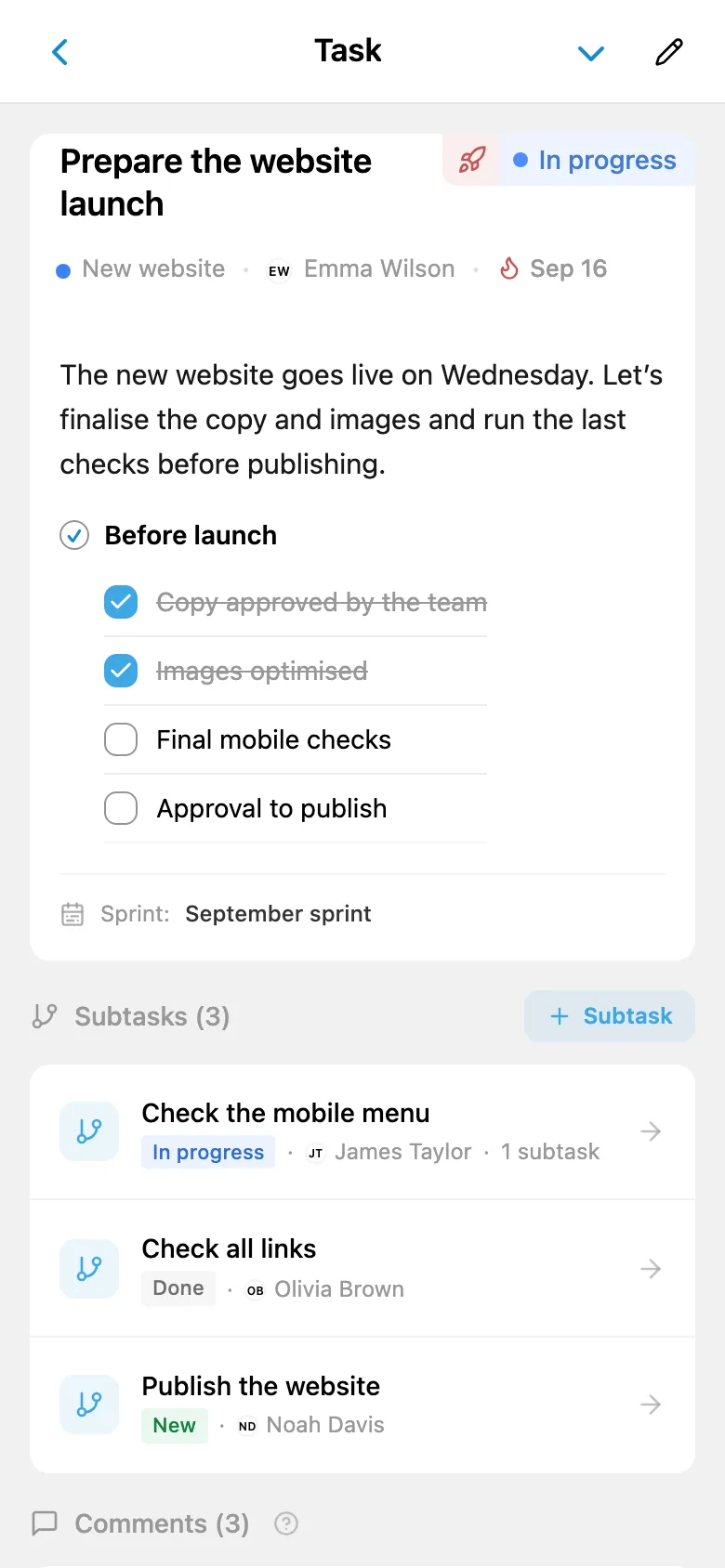 A task card for a new website with an assignee, checklist, and subtasks