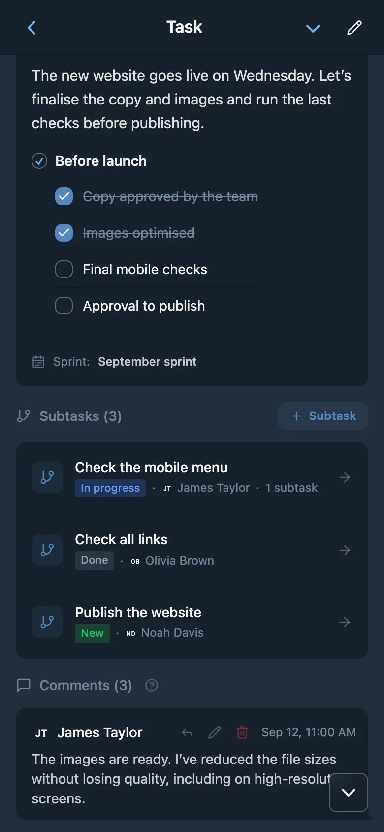 A task card listing subtasks, their statuses, and assignees