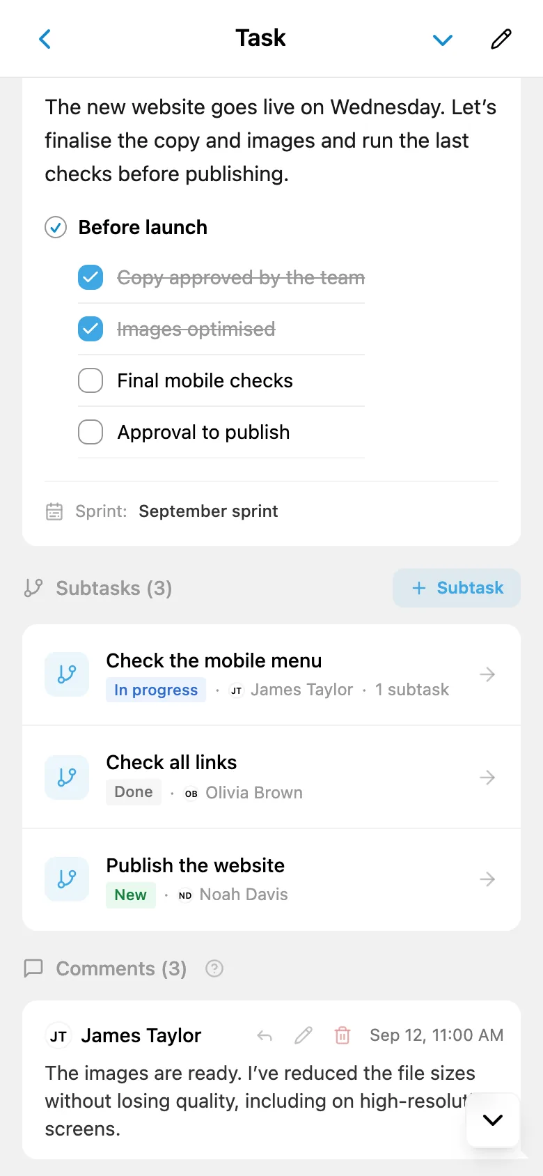 A task card listing subtasks, their statuses, and assignees