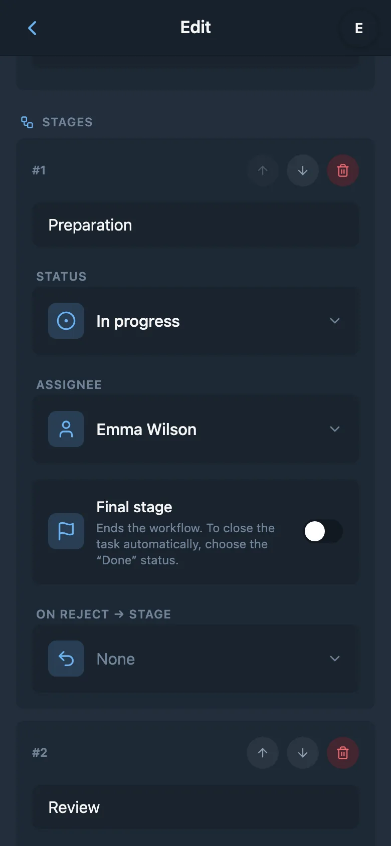 Workflow stage settings with an assigned team member