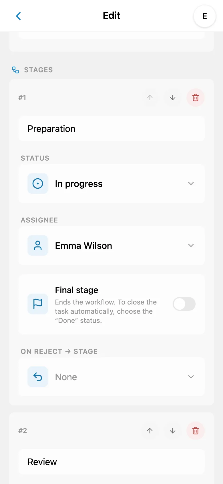 Workflow stage settings with an assigned team member