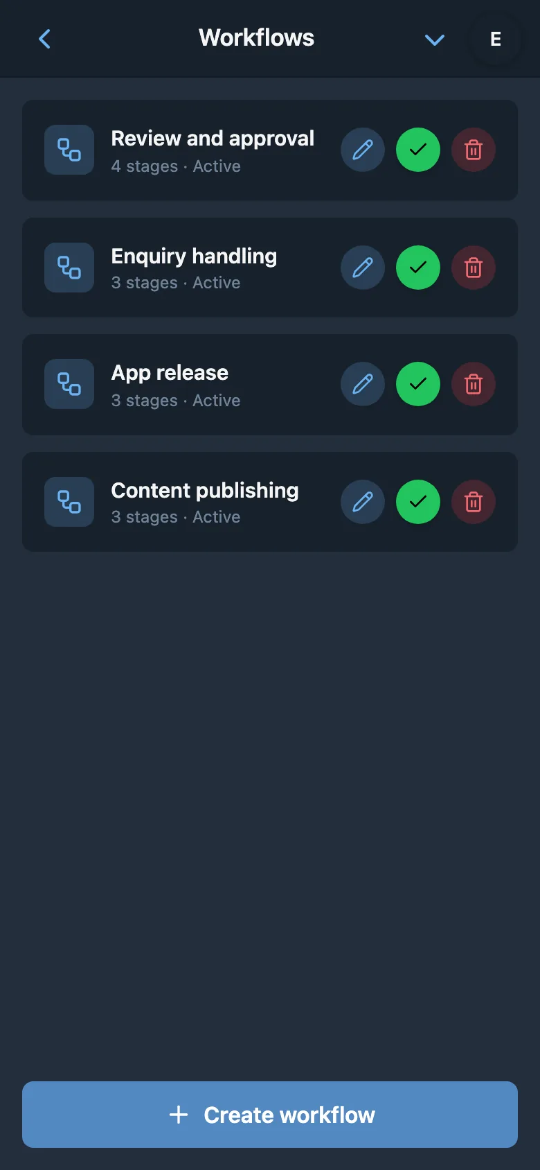 List of workflows with stage counts and active status