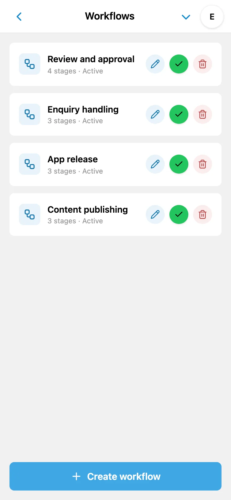 List of workflows with stage counts and active status