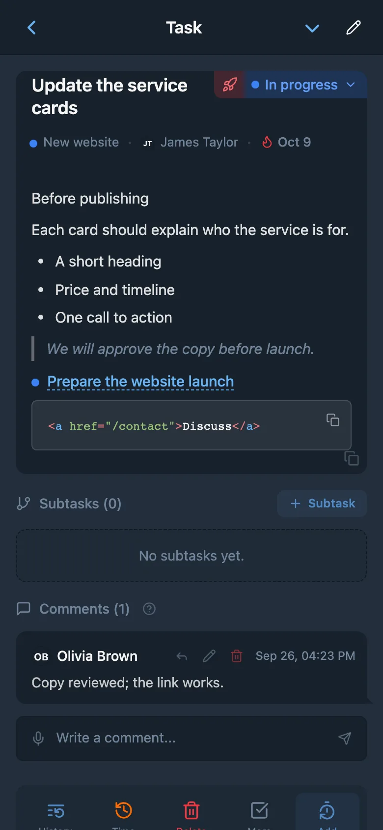 A task description with a bulleted list, link, code block, and quotation