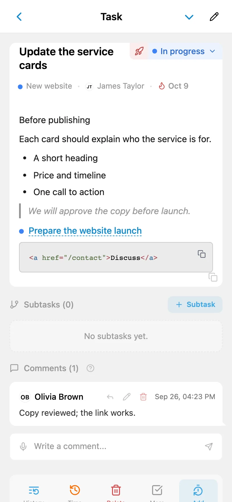 A task description with a bulleted list, link, code block, and quotation
