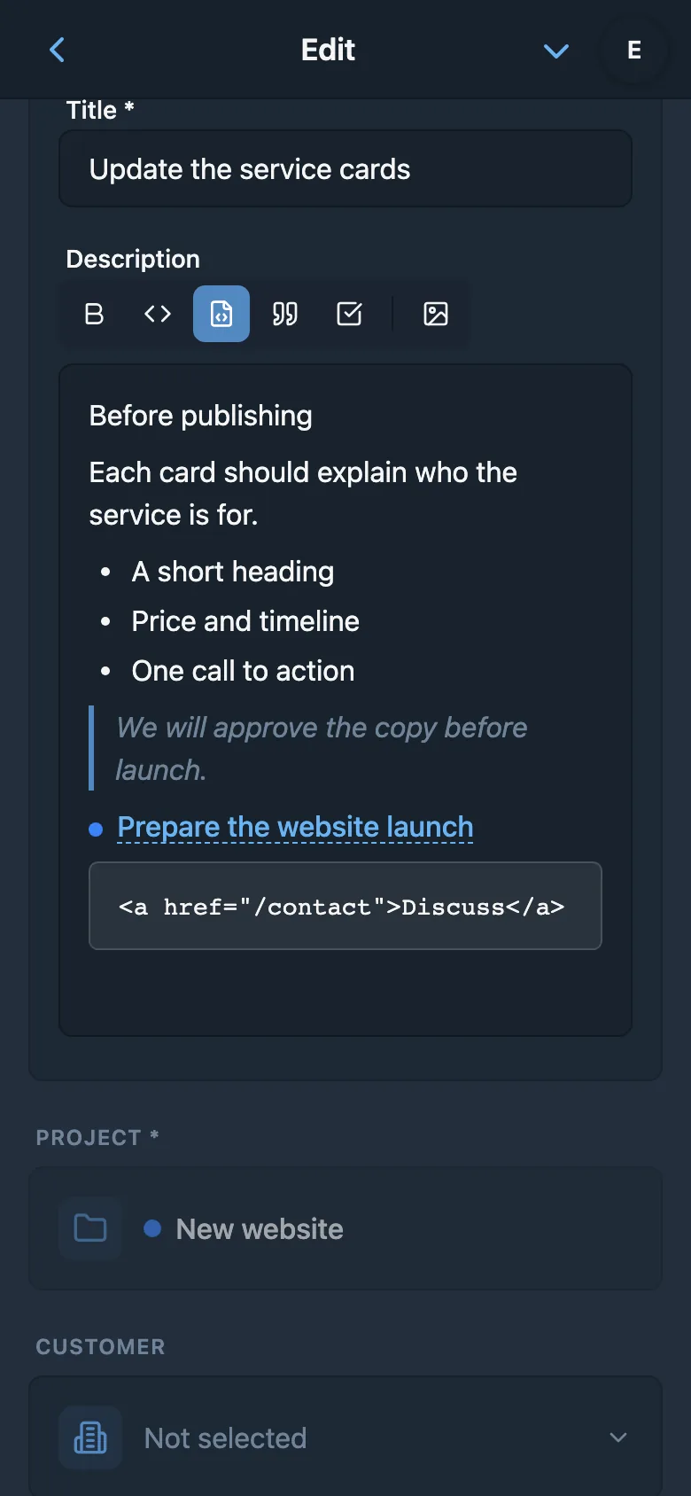 A task description editor with formatting and a code block