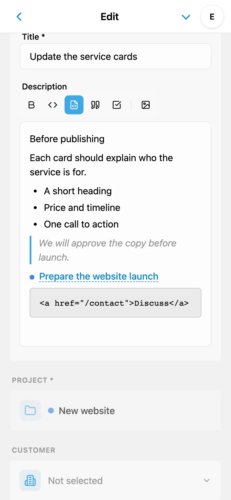 A task description editor with formatting and a code block
