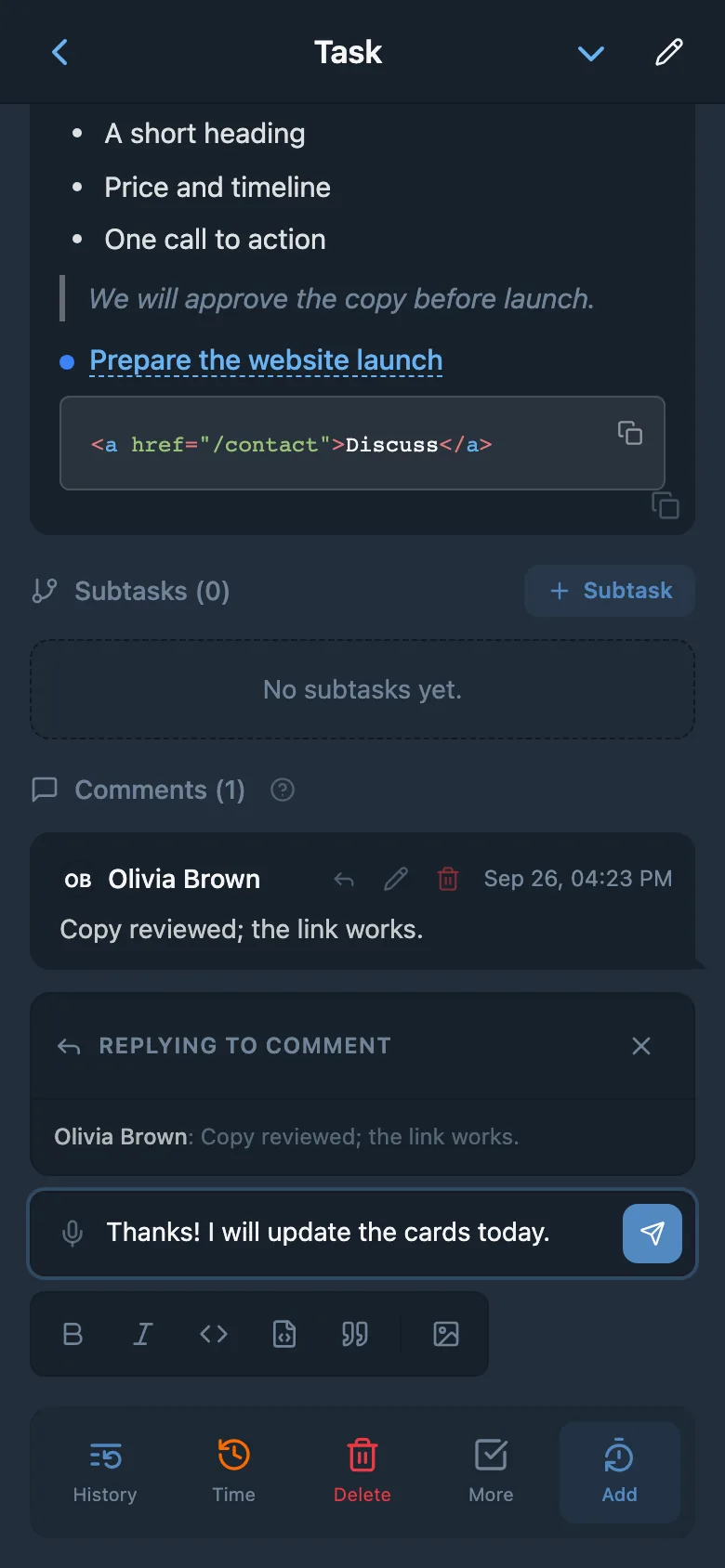 A reply to a team member quoting their comment