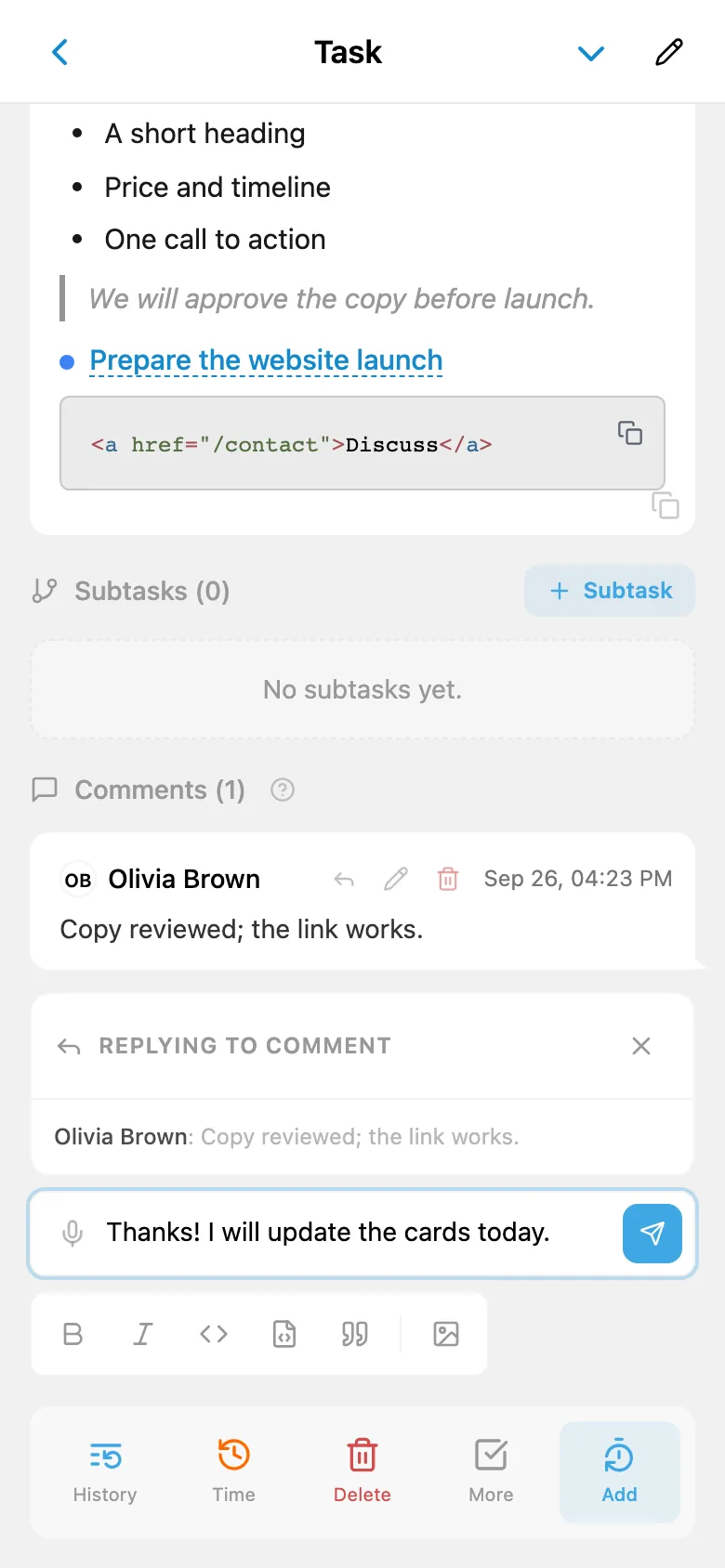 A reply to a team member quoting their comment
