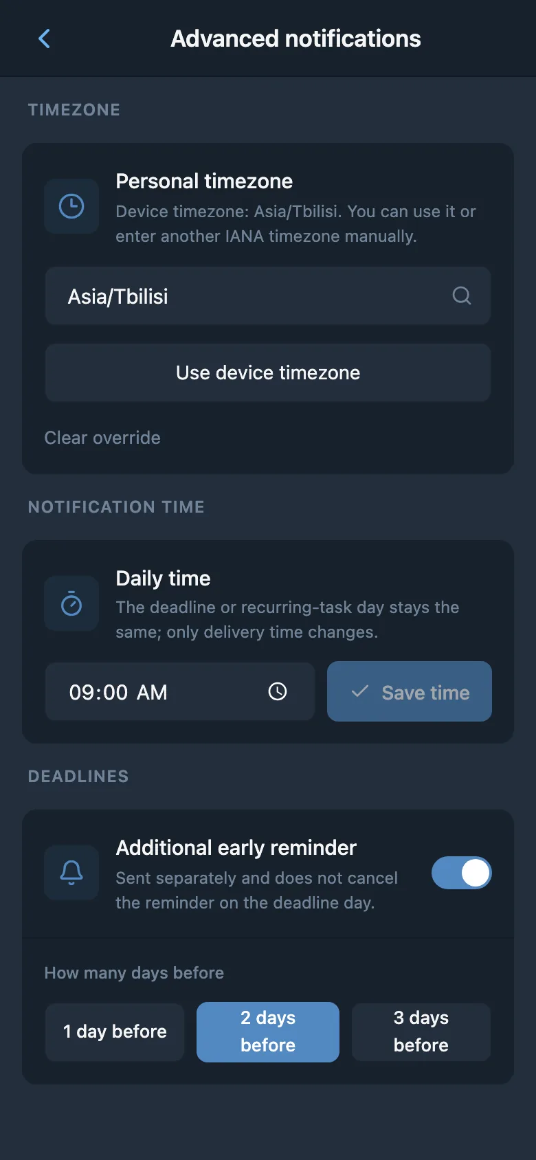Settings for time zone, notification time and early due-date reminders