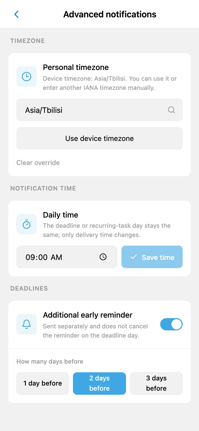 Settings for time zone, notification time and early due-date reminders
