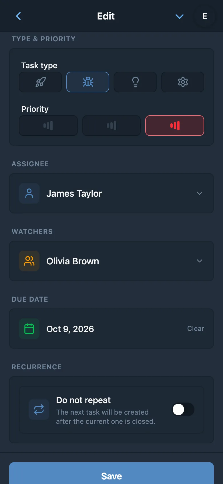 Task fields showing type “Bug”, high priority, an assignee, a watcher, and a due date