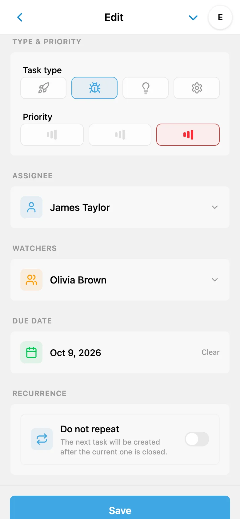 Task fields showing type “Bug”, high priority, an assignee, a watcher, and a due date