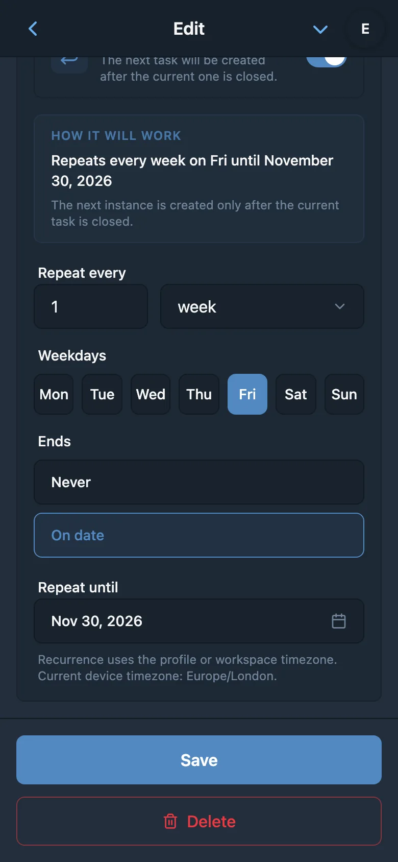 A recurring task rule set for every Friday, with the series end date
