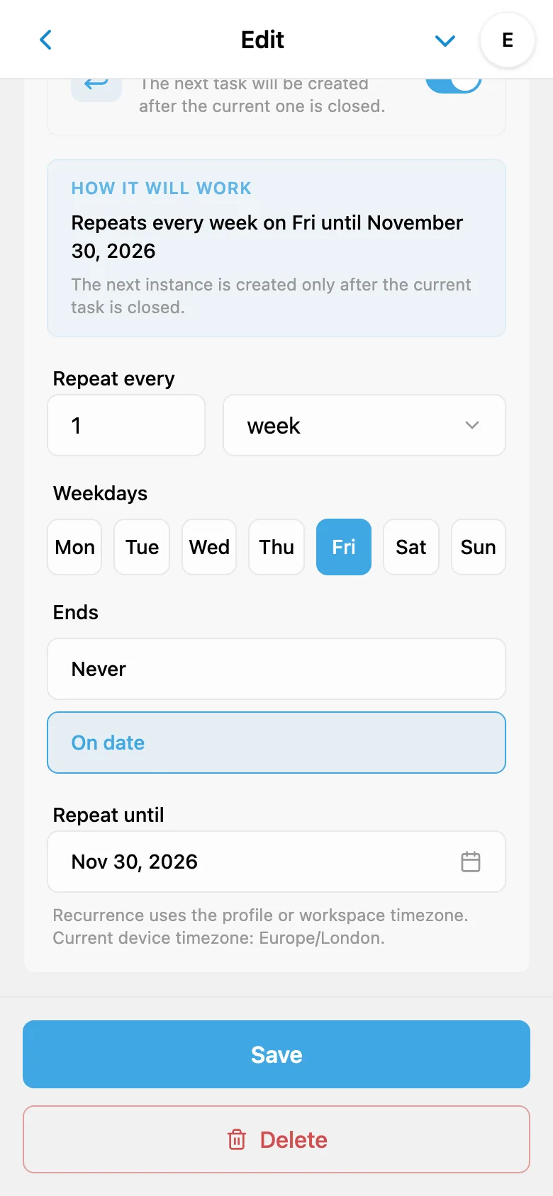 A recurring task rule set for every Friday, with the series end date