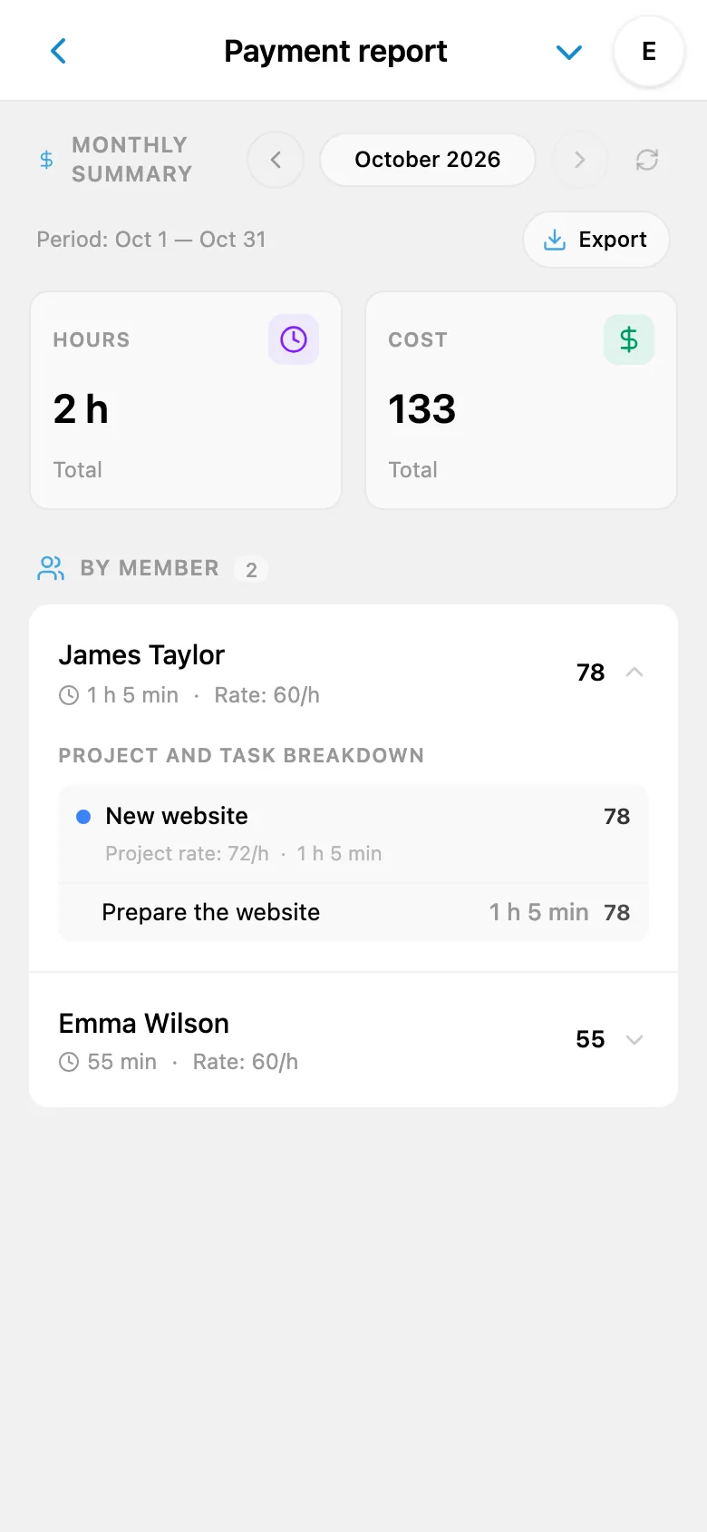 Report breakdown by team members, projects, and tasks