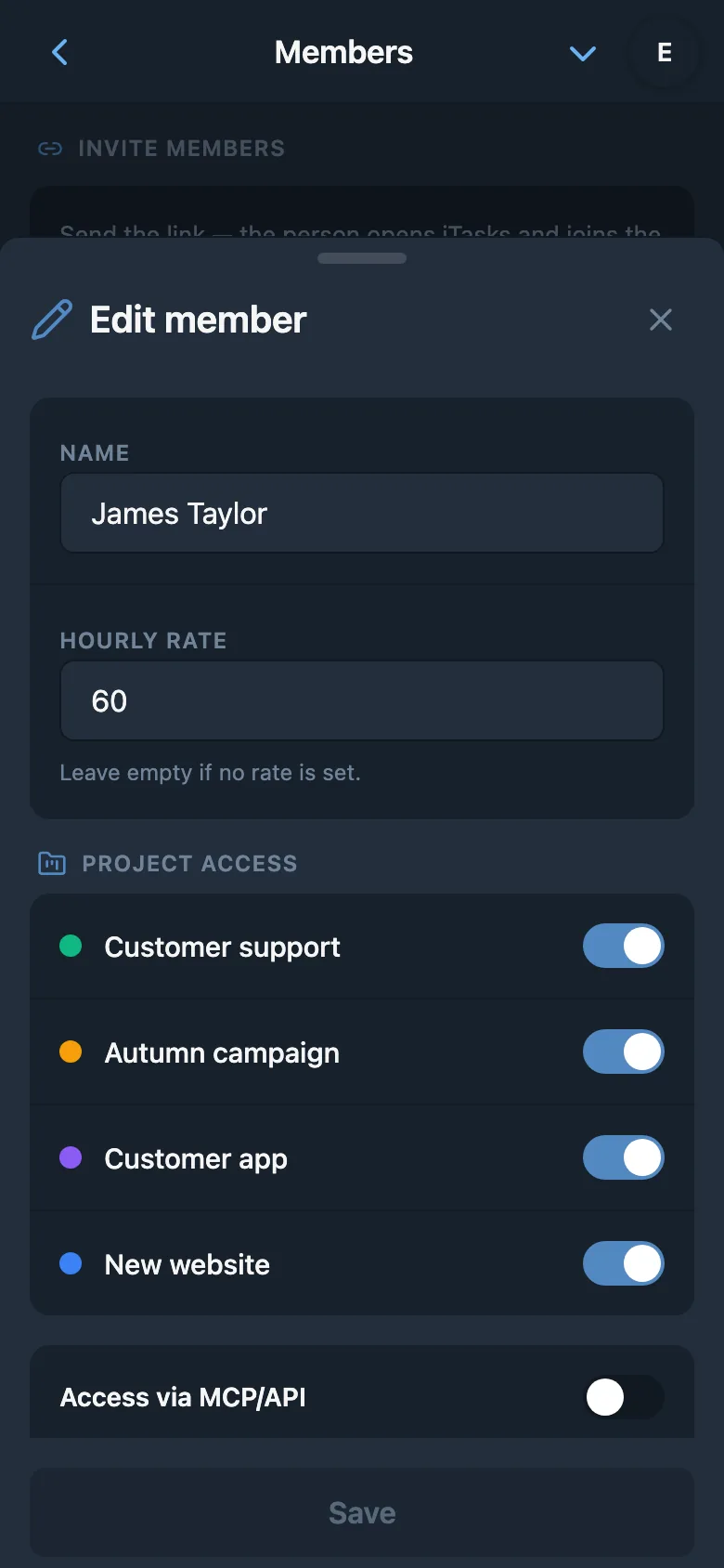 A team member’s hourly rate