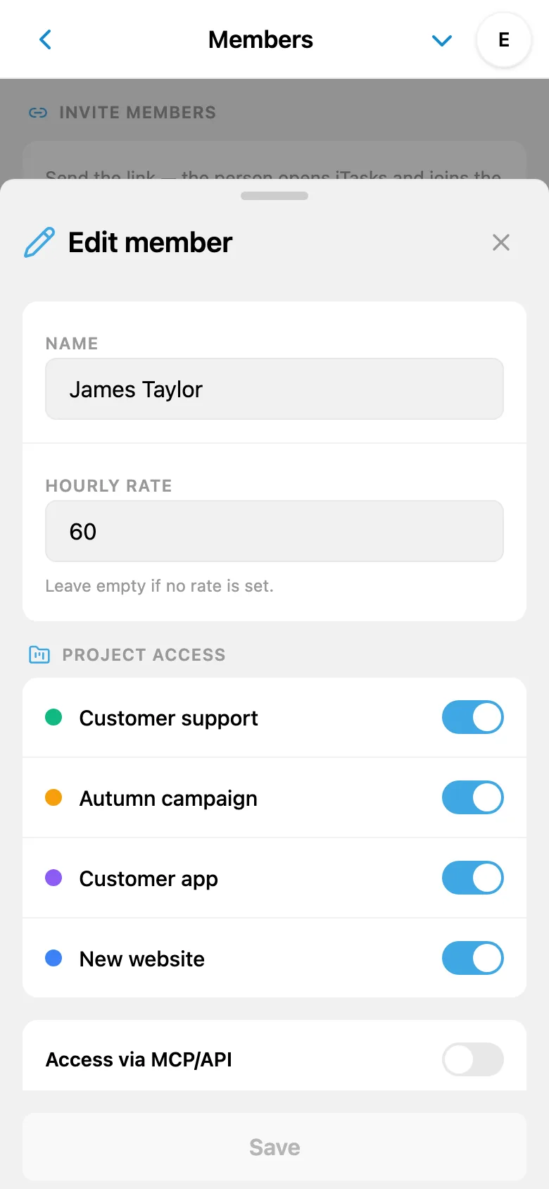A team member’s hourly rate