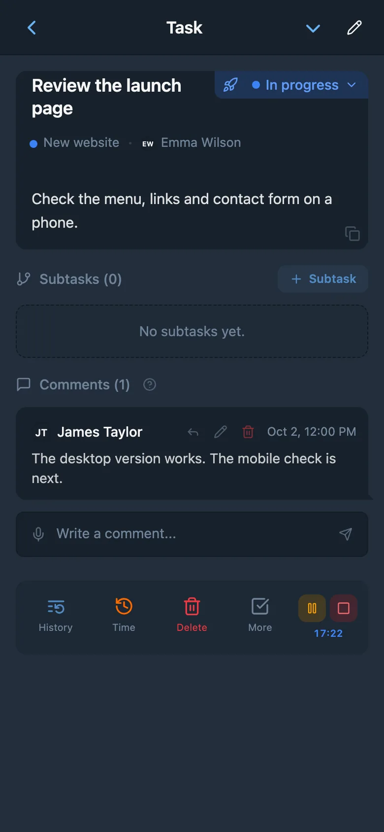 A running time-tracking timer on a task