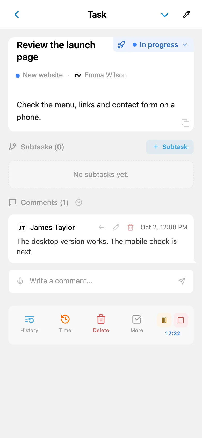 A running time-tracking timer on a task