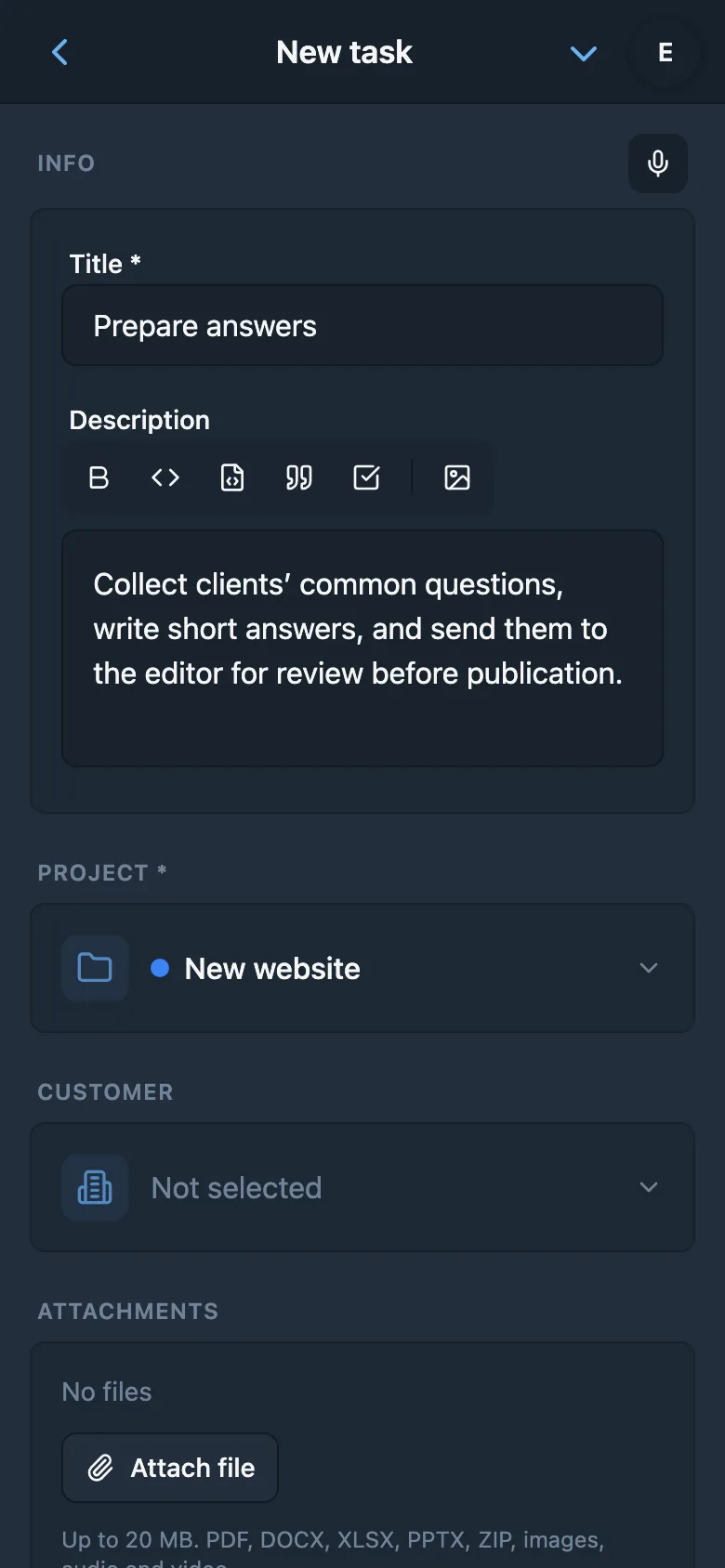 A task title and description prepared from dictation