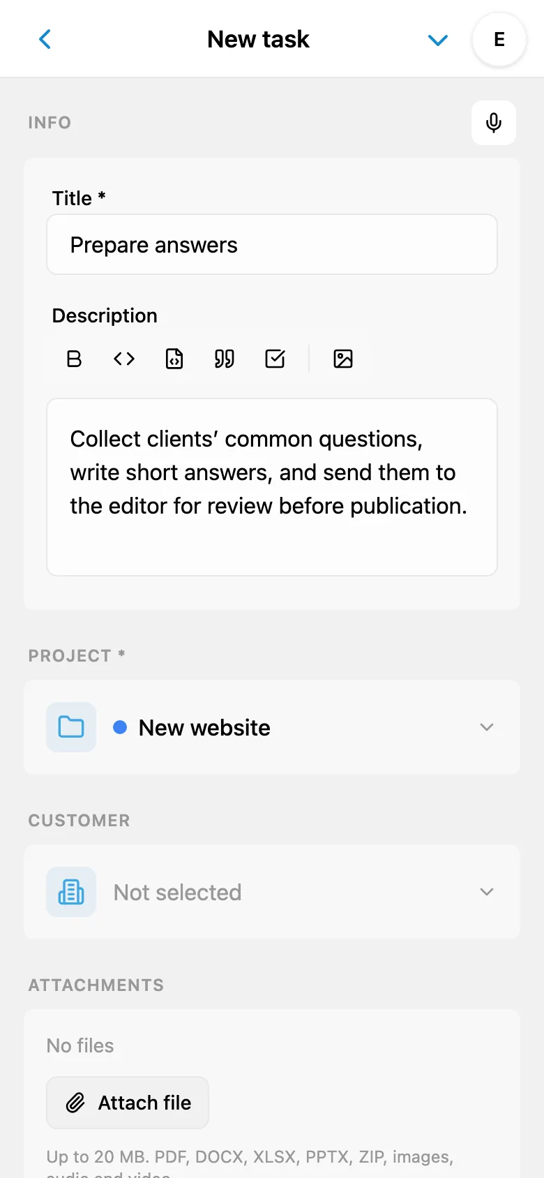 A task title and description prepared from dictation