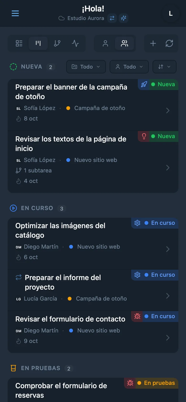 Tablero Kanban con tareas agrupadas por estado