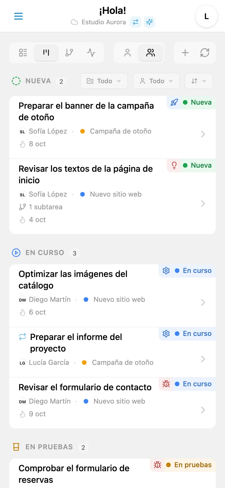Tablero Kanban con tareas agrupadas por estado