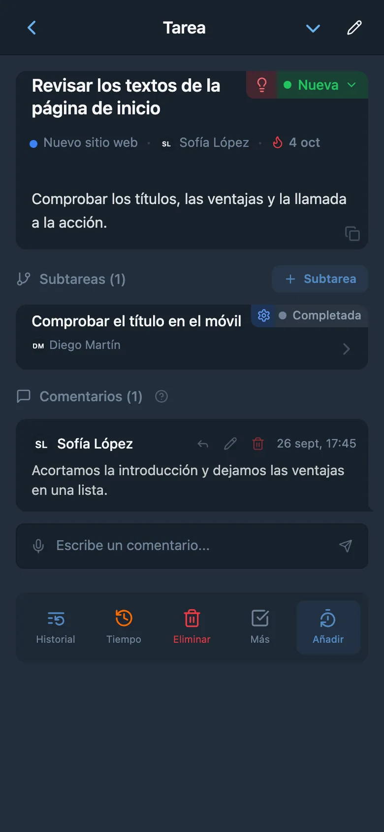 Ficha de una tarea abierta desde el tablero Kanban del proyecto