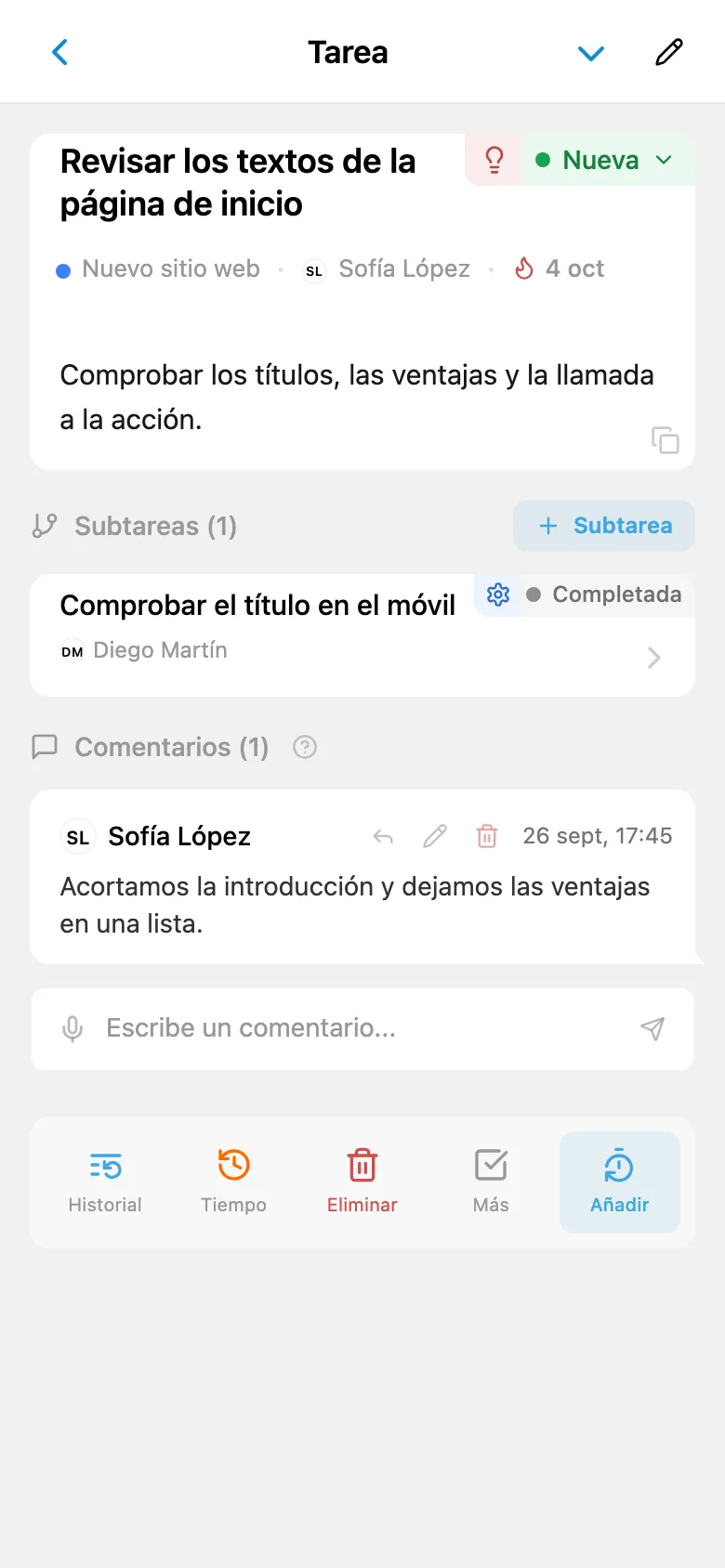 Ficha de una tarea abierta desde el tablero Kanban del proyecto