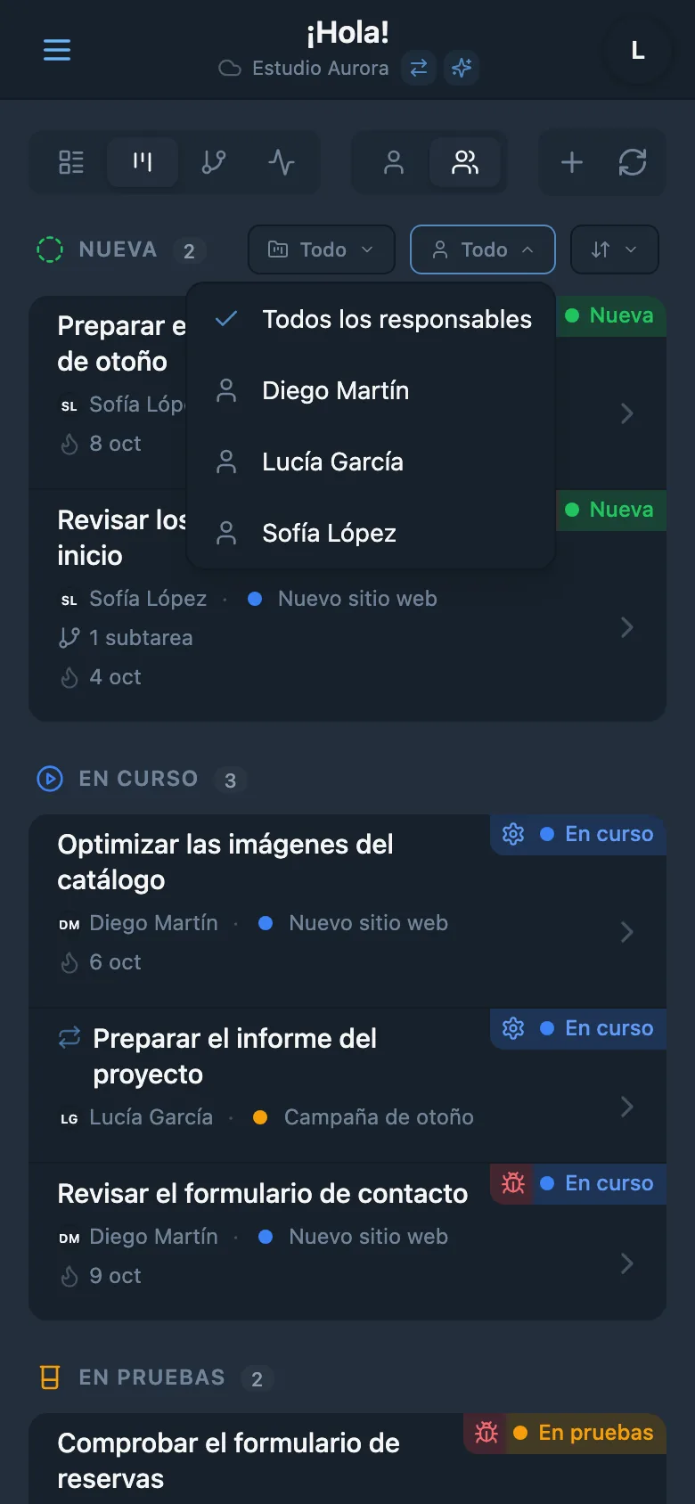 Filtro de tareas por responsable
