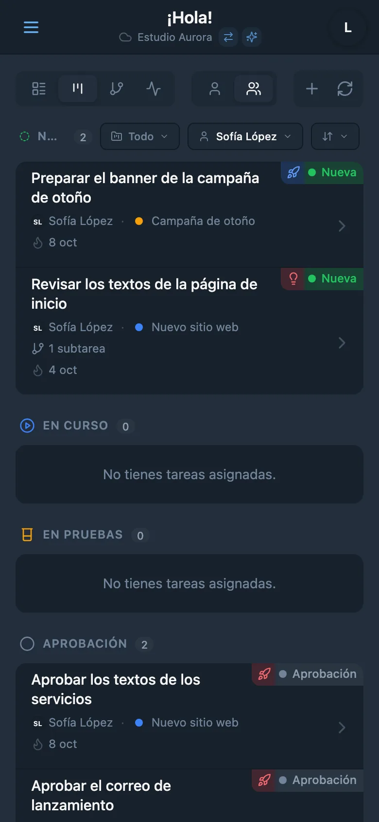 Tablero Kanban filtrado por responsable