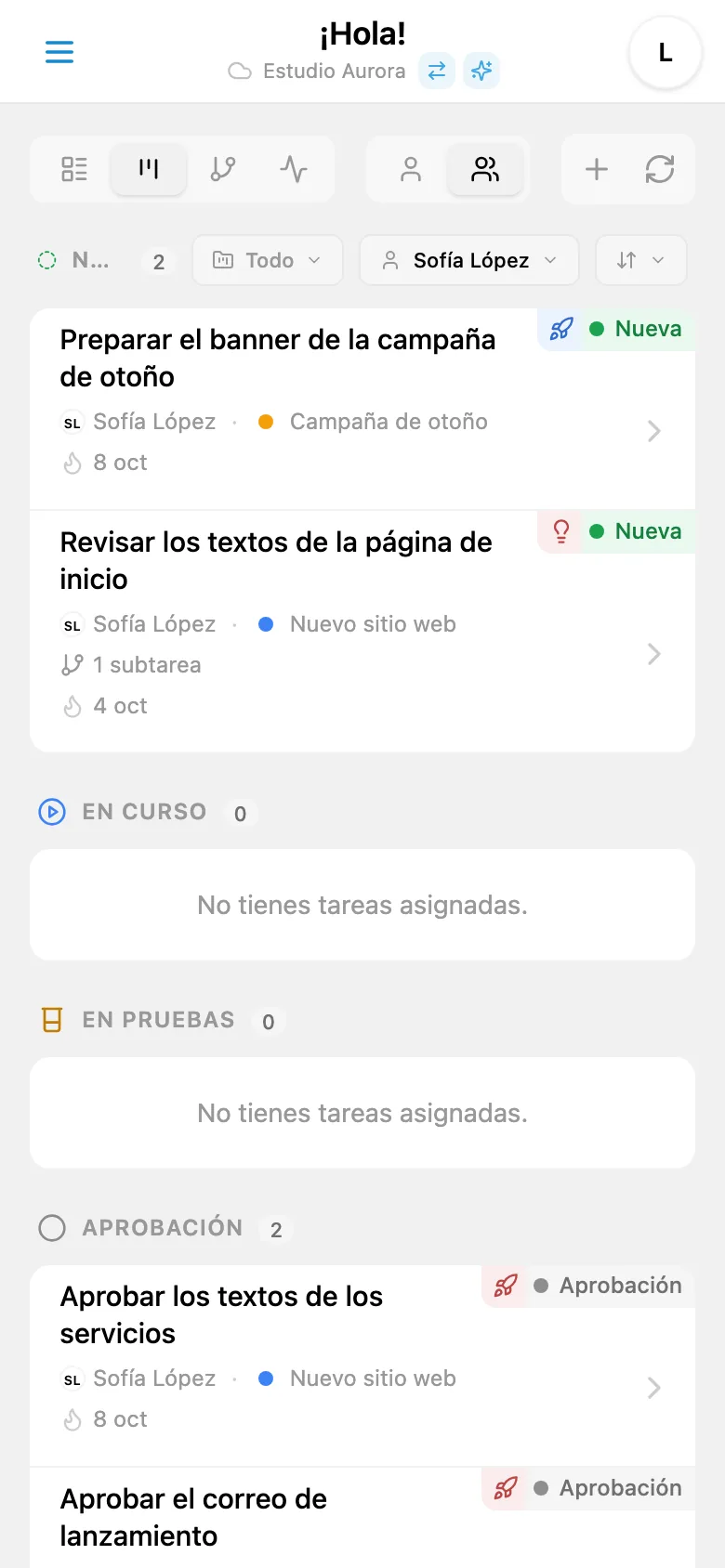 Tablero Kanban filtrado por responsable