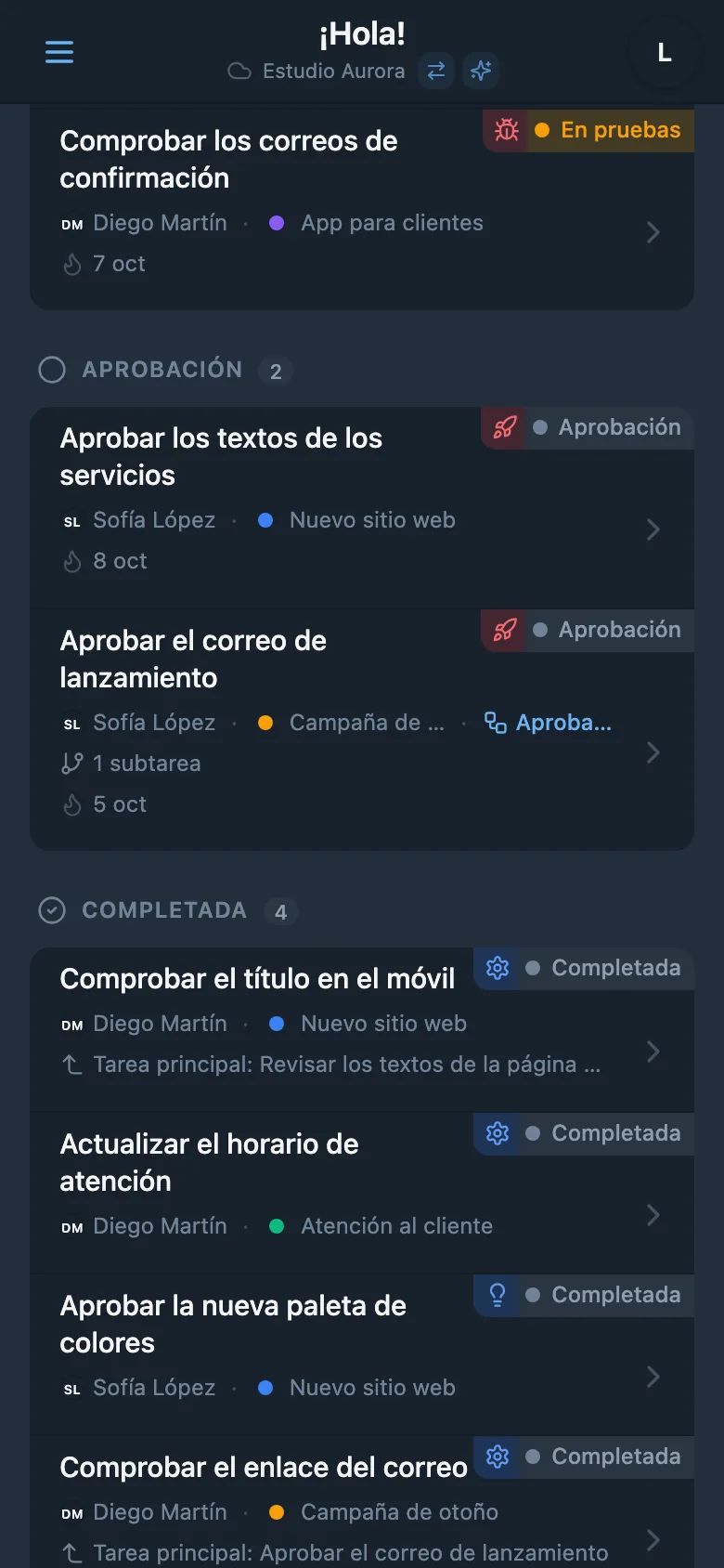 Columna de tareas completadas en un tablero Kanban